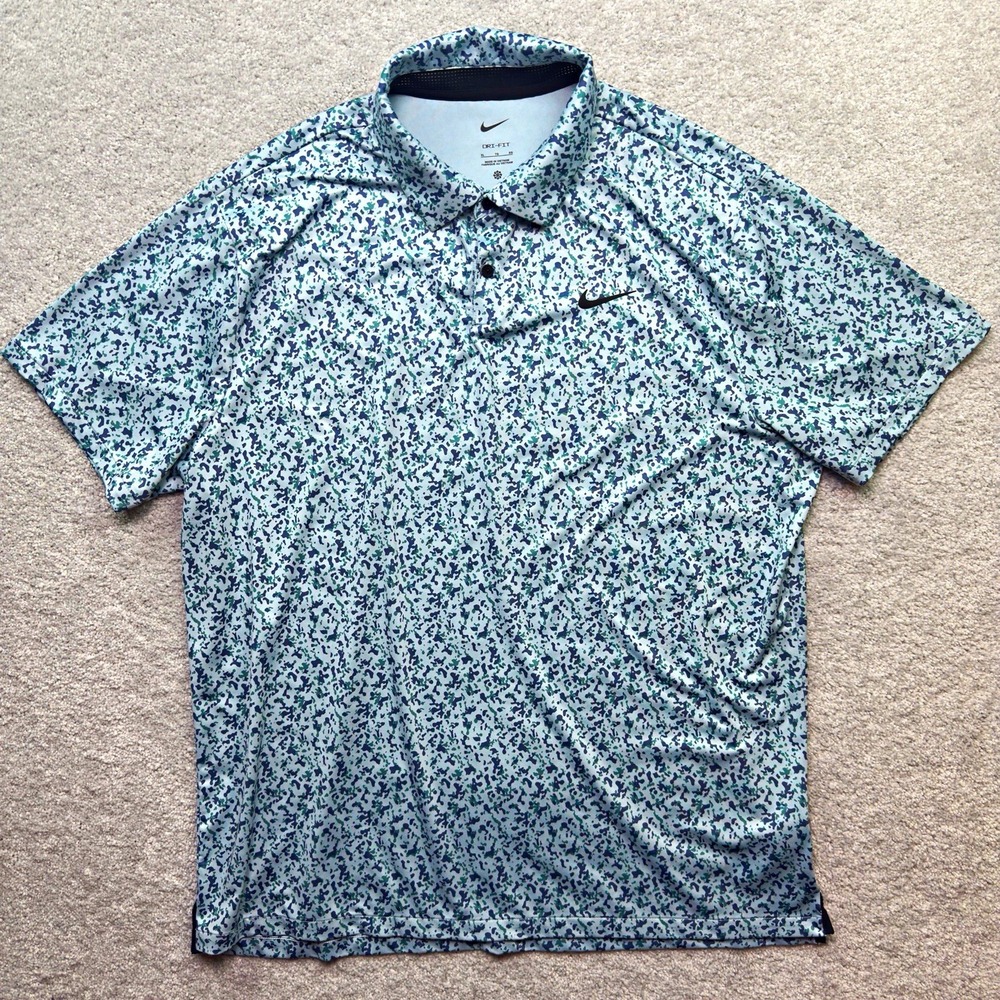 Nike Dri-Fit Golf Polo Shirt Mens XL Blue Green Abstract Print Short Sleeve